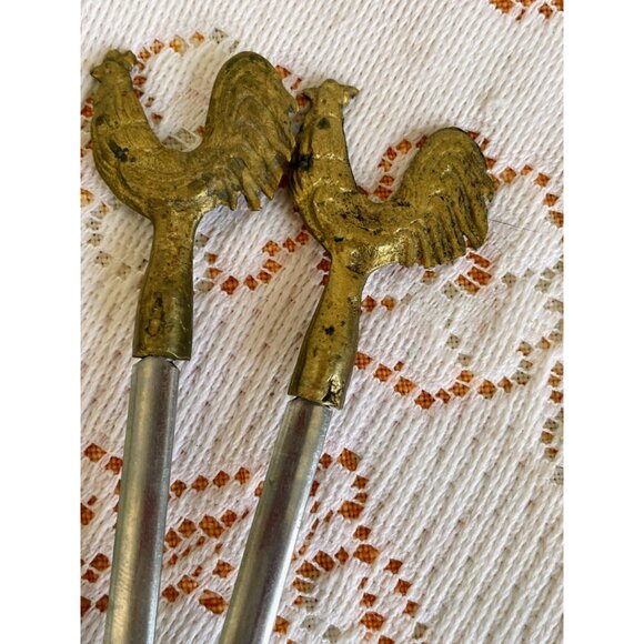 Vintage 1970s 4 PC. Brass Stainless Steel Kebob Skewers Chicken Rooster Tops - Picture 8 of 9